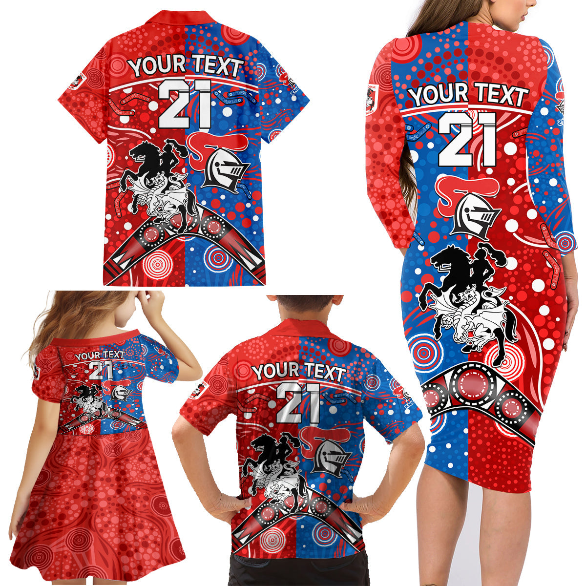 NRL Knights and Dragons Together Family Matching Long Sleeve Bodycon Dress and Hawaiian Shirt Boomerang Indigenous Dots