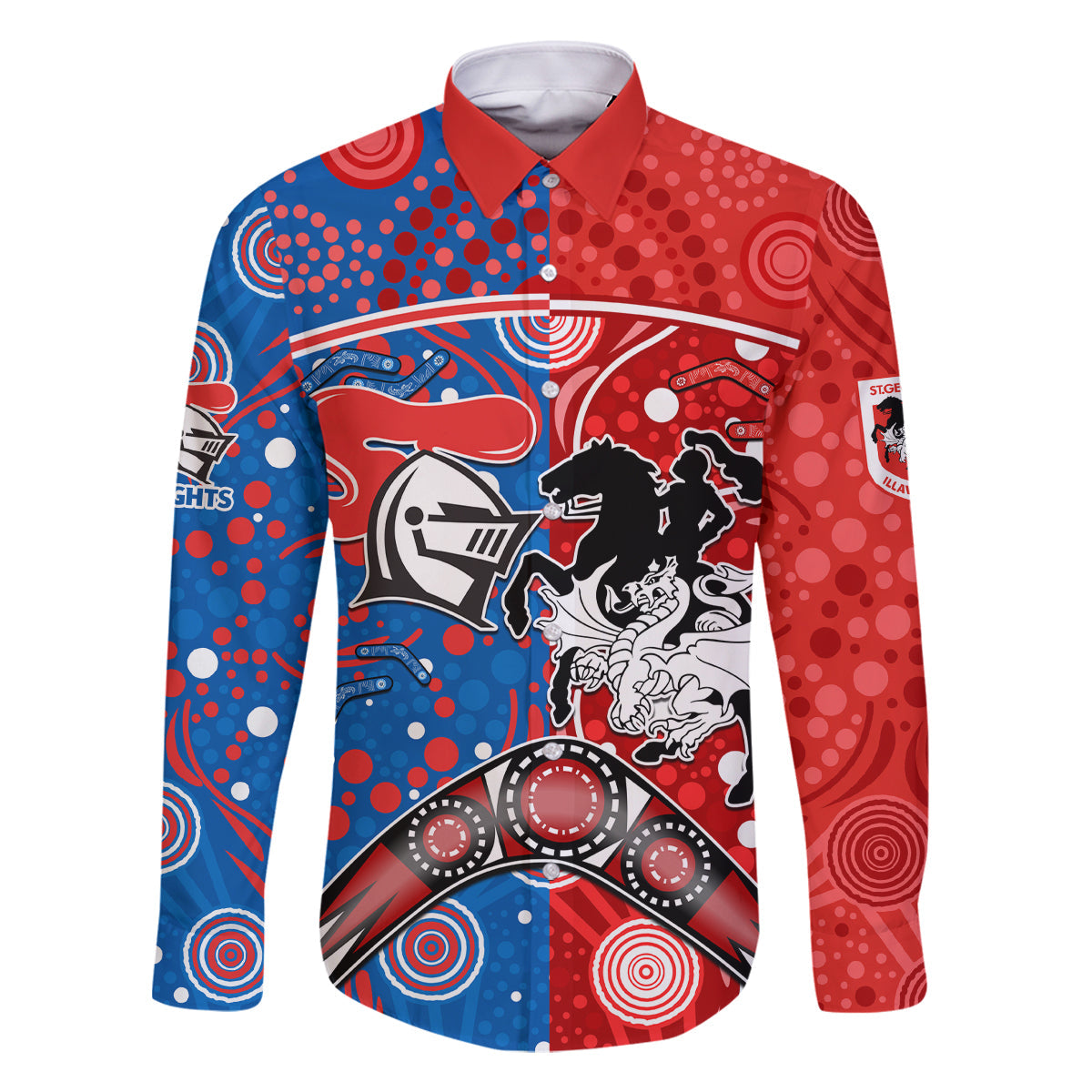 NRL Knights and Dragons Together Family Matching Long Sleeve Bodycon Dress and Hawaiian Shirt Boomerang Indigenous Dots