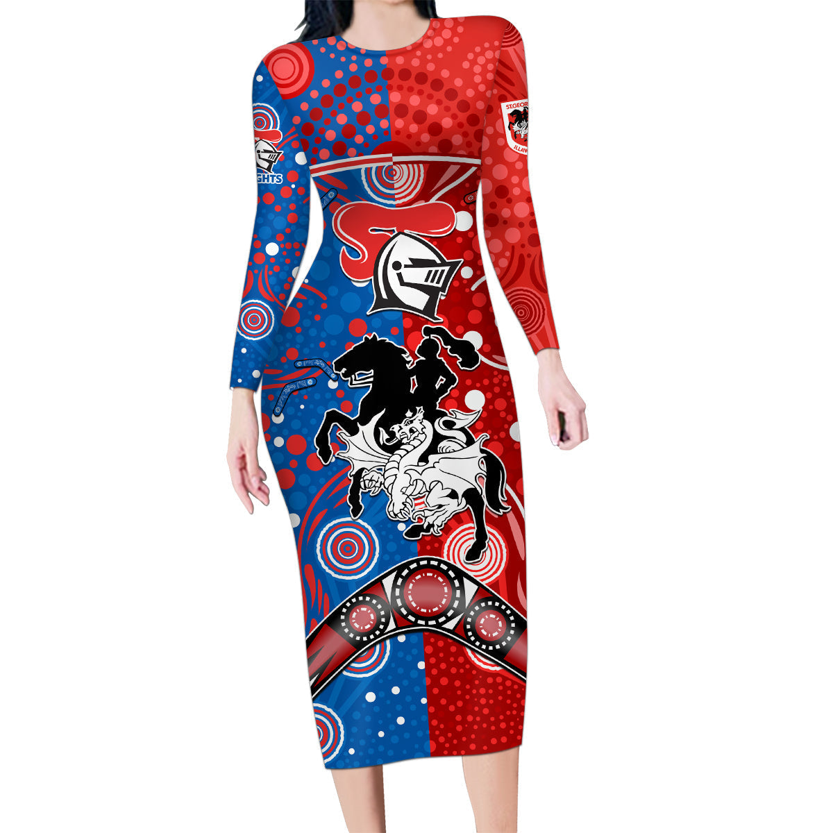 NRL Knights and Dragons Together Family Matching Long Sleeve Bodycon Dress and Hawaiian Shirt Boomerang Indigenous Dots