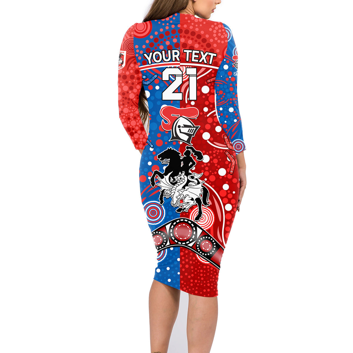 NRL Knights and Dragons Together Family Matching Long Sleeve Bodycon Dress and Hawaiian Shirt Boomerang Indigenous Dots