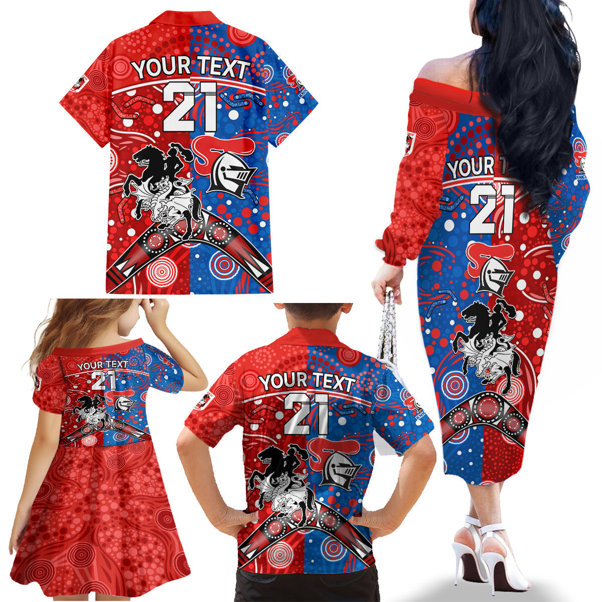 NRL Knights and Dragons Together Family Matching Off Shoulder Long Sleeve Dress and Hawaiian Shirt Boomerang Indigenous Dots