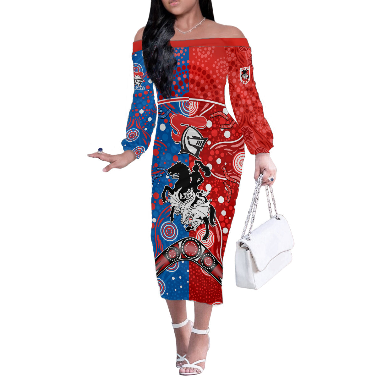 NRL Knights and Dragons Together Family Matching Off Shoulder Long Sleeve Dress and Hawaiian Shirt Boomerang Indigenous Dots