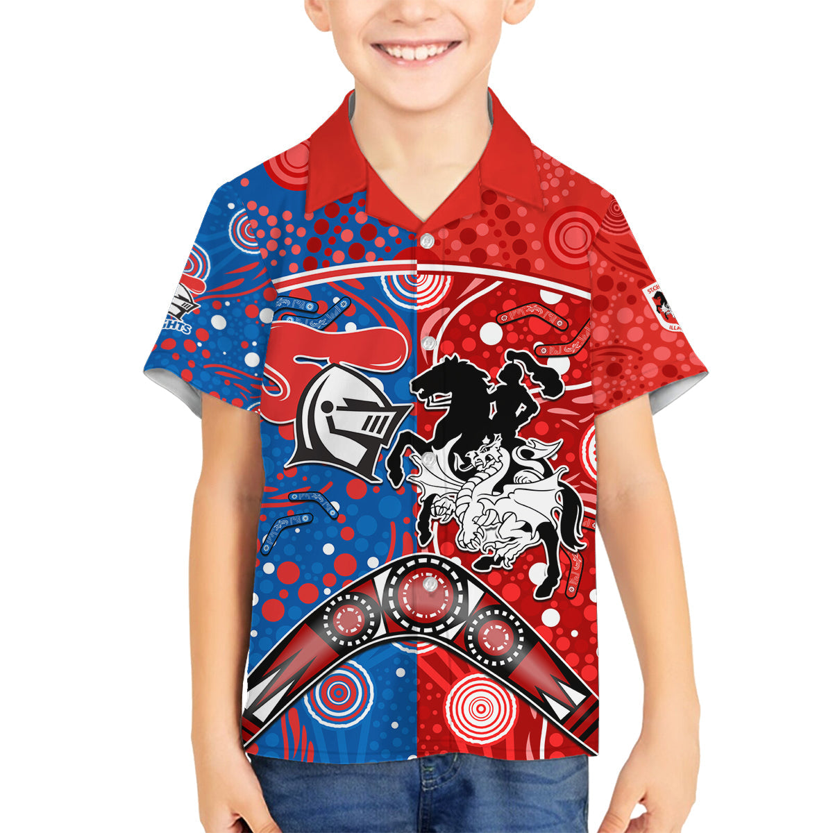 NRL Knights and Dragons Together Family Matching Off Shoulder Long Sleeve Dress and Hawaiian Shirt Boomerang Indigenous Dots