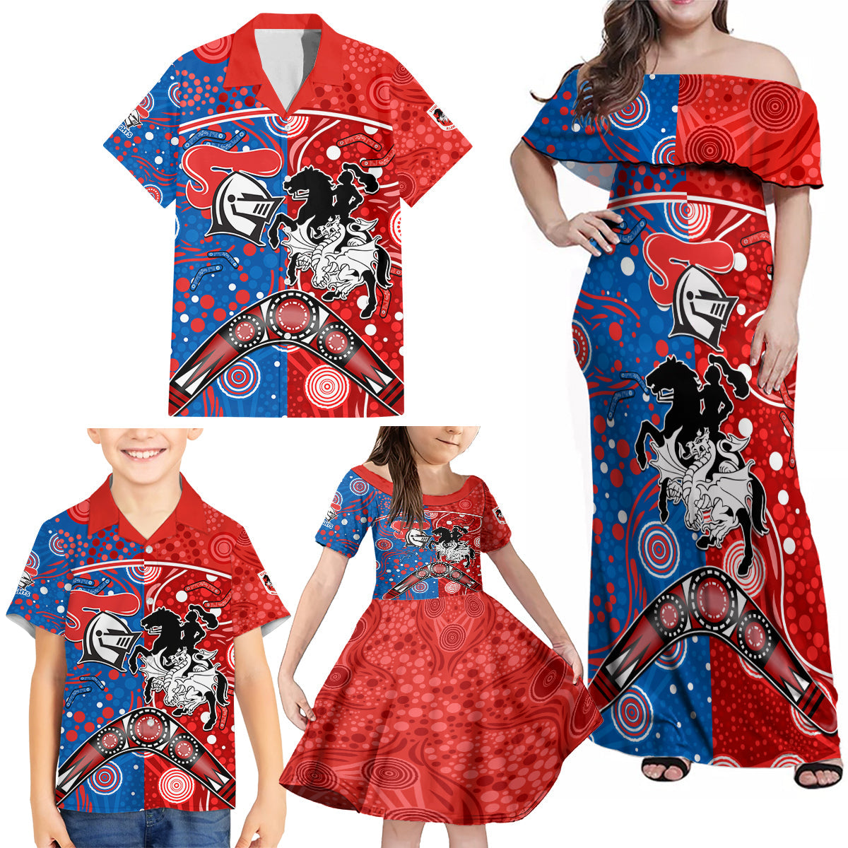 NRL Knights and Dragons Together Family Matching Off Shoulder Maxi Dress and Hawaiian Shirt Boomerang Indigenous Dots