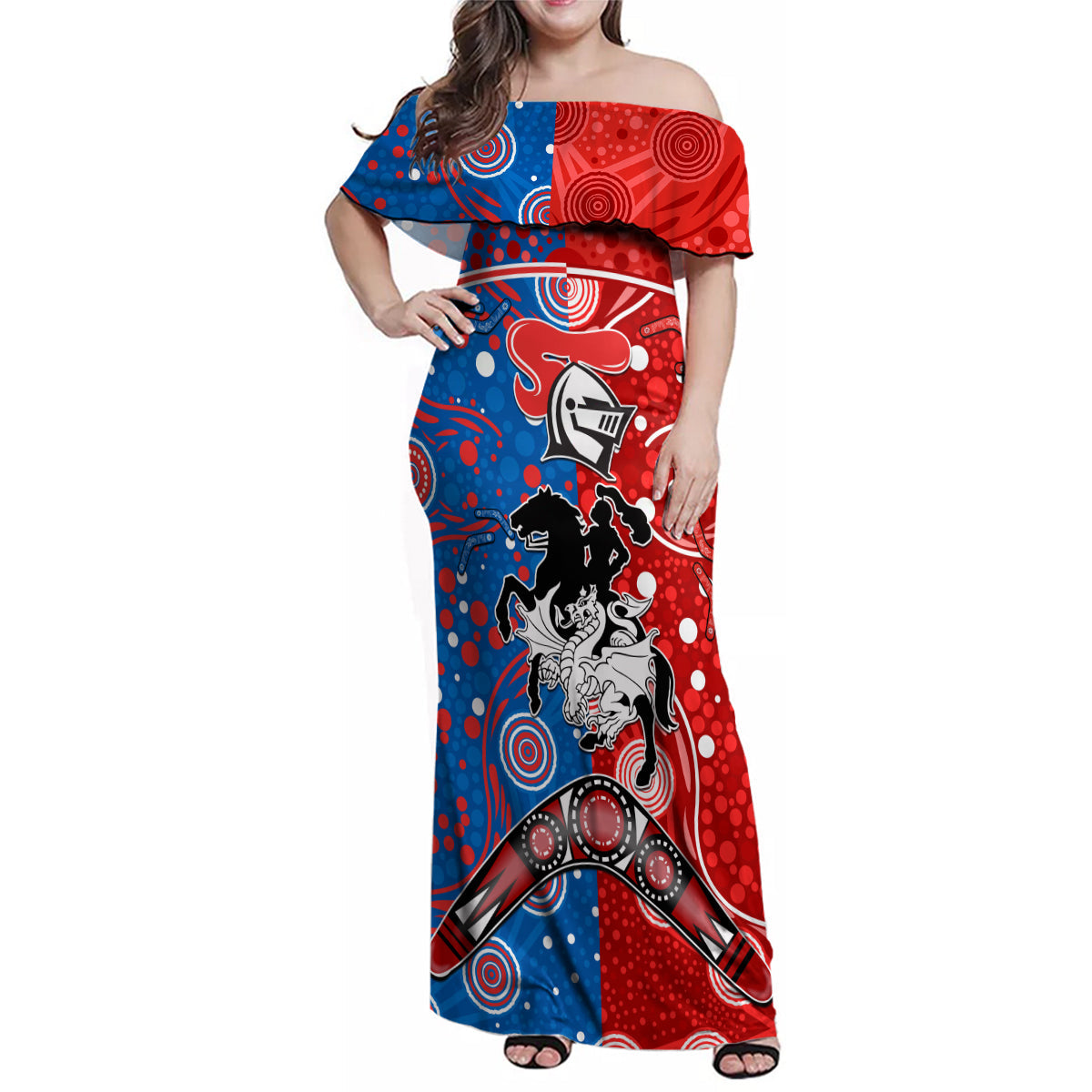 NRL Knights and Dragons Together Family Matching Off Shoulder Maxi Dress and Hawaiian Shirt Boomerang Indigenous Dots