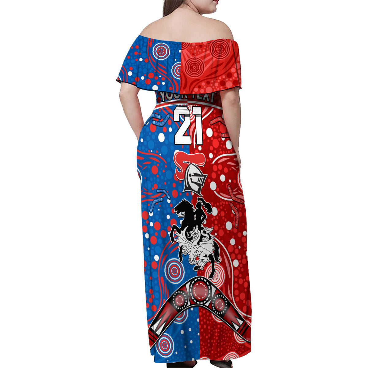 NRL Knights and Dragons Together Family Matching Off Shoulder Maxi Dress and Hawaiian Shirt Boomerang Indigenous Dots