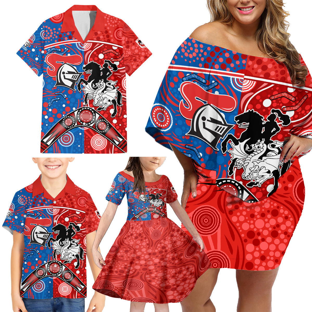 NRL Knights and Dragons Together Family Matching Off Shoulder Short Dress and Hawaiian Shirt Boomerang Indigenous Dots