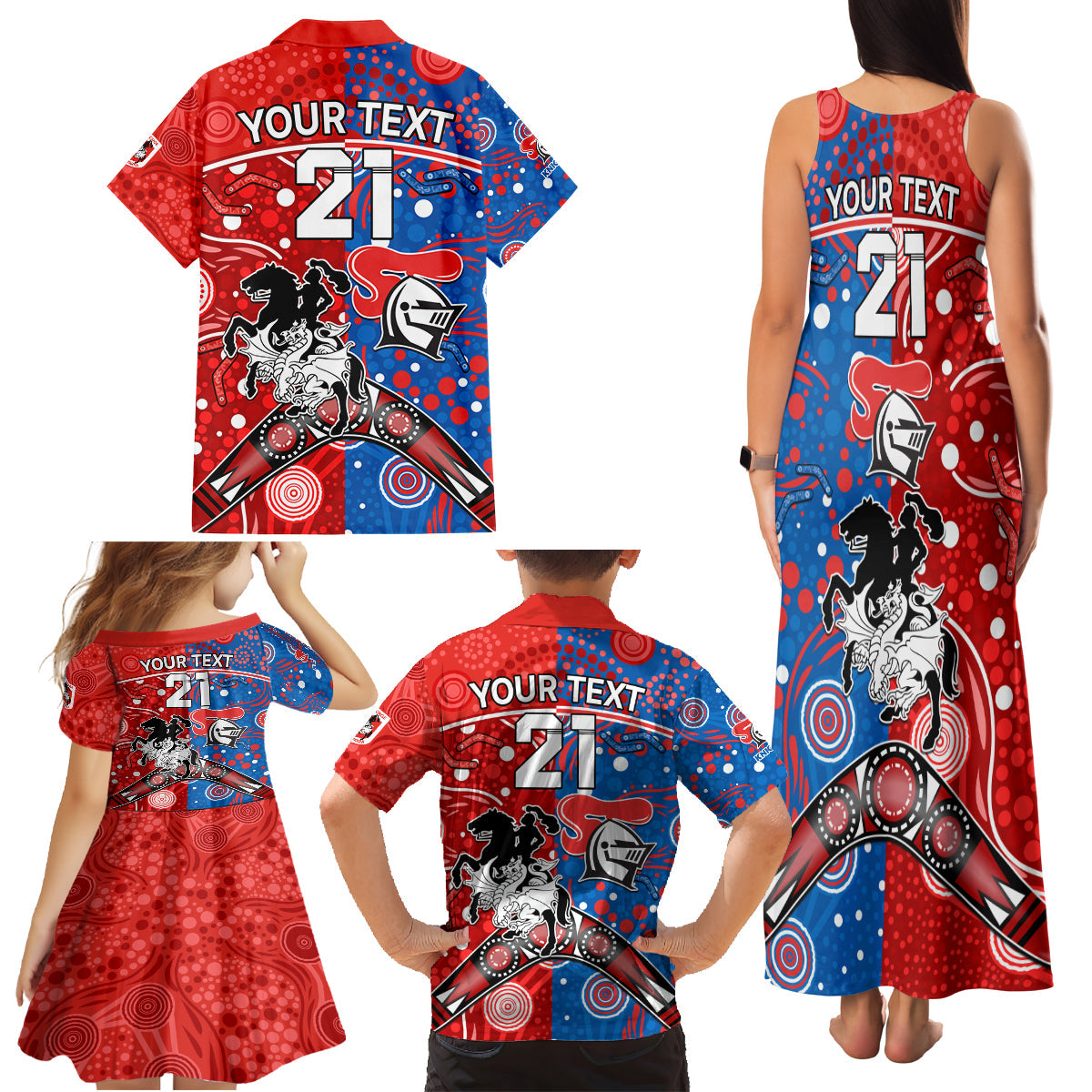 NRL Knights and Dragons Together Family Matching Tank Maxi Dress and Hawaiian Shirt Boomerang Indigenous Dots