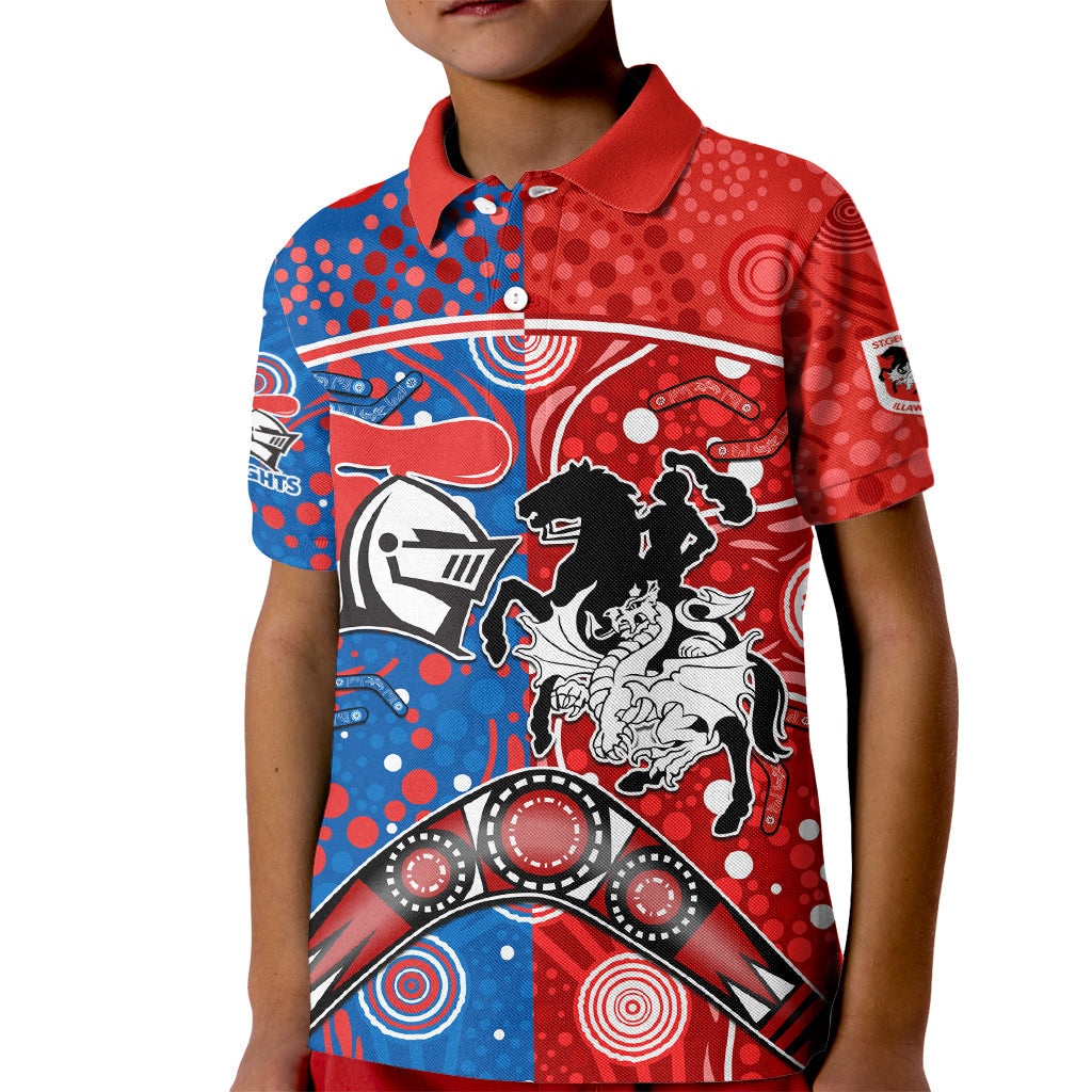 NRL Knights and Dragons Together Kid Polo Shirt Boomerang Indigenous Dots