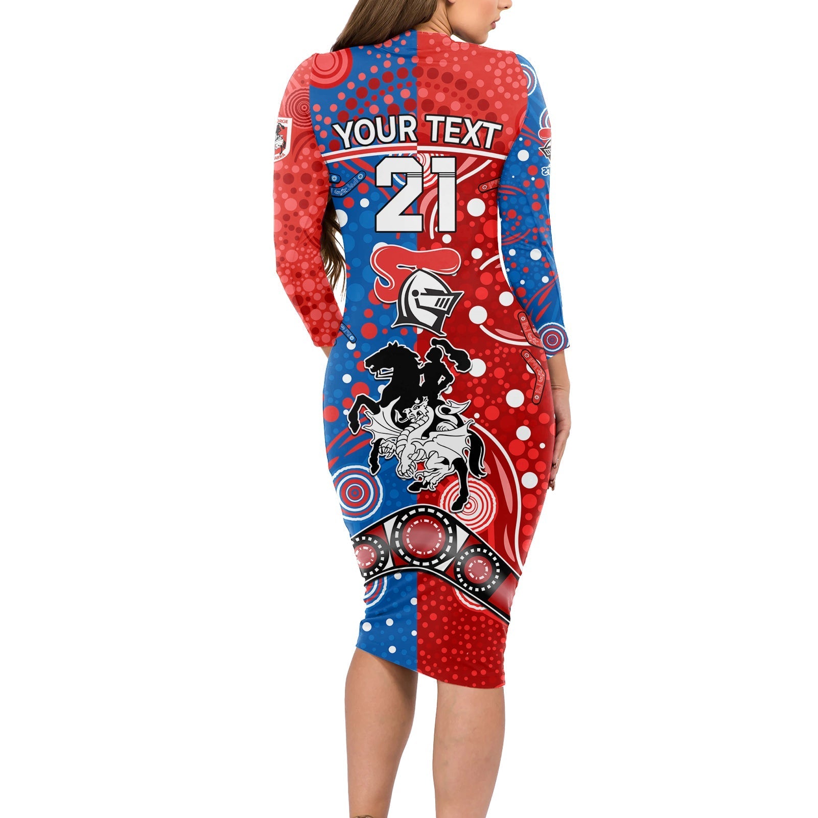 NRL Knights and Dragons Together Long Sleeve Bodycon Dress Boomerang Indigenous Dots