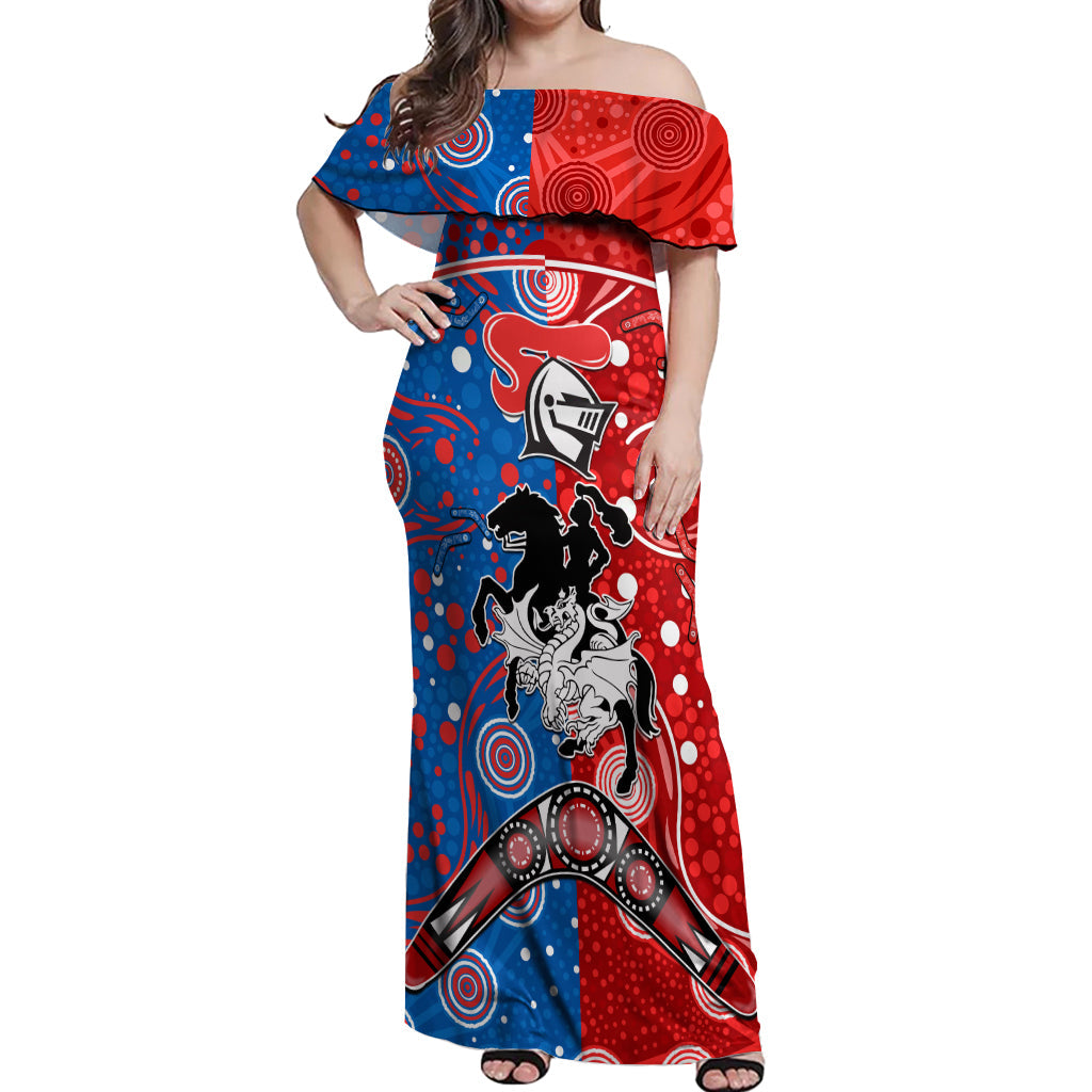 NRL Knights and Dragons Together Off Shoulder Maxi Dress Boomerang Indigenous Dots