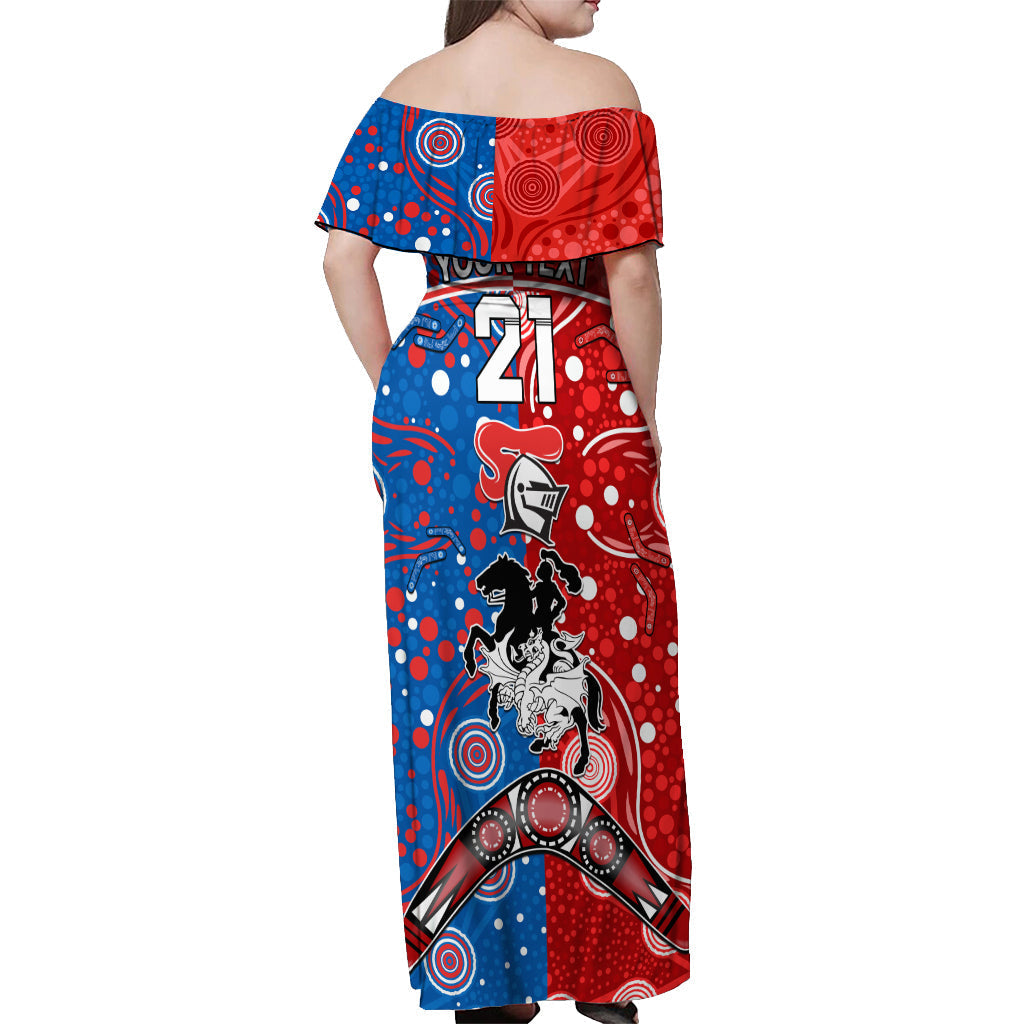 NRL Knights and Dragons Together Off Shoulder Maxi Dress Boomerang Indigenous Dots