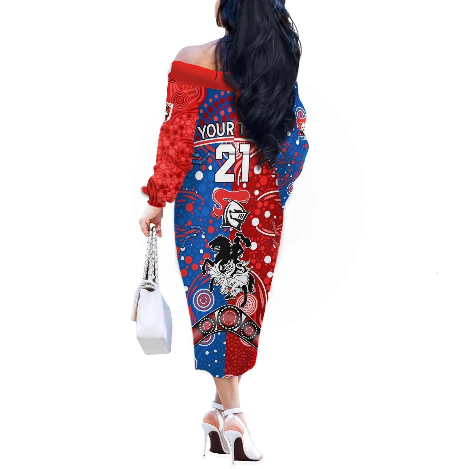 NRL Knights and Dragons Together Off The Shoulder Long Sleeve Dress Boomerang Indigenous Dots