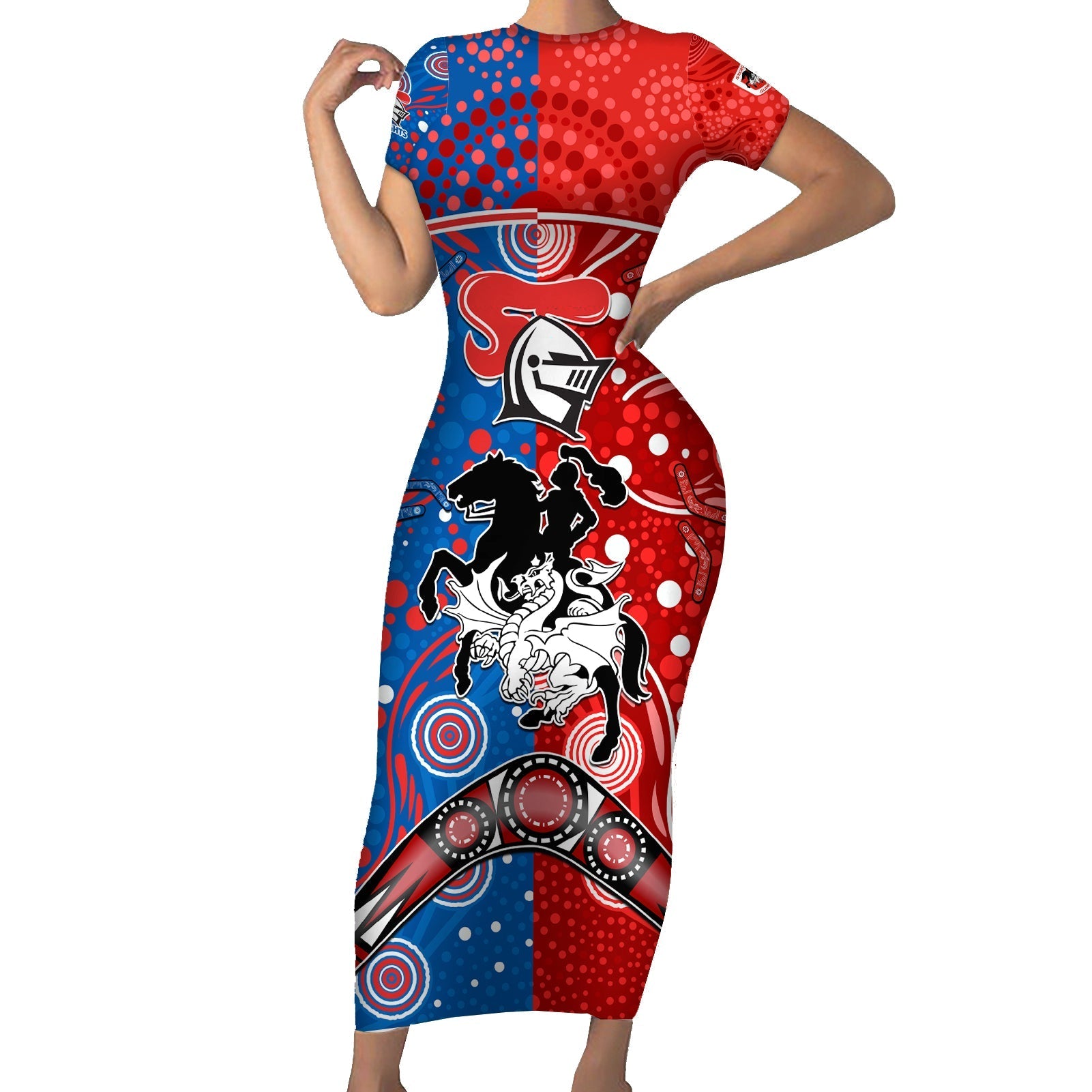 NRL Knights and Dragons Together Short Sleeve Bodycon Dress Boomerang Indigenous Dots