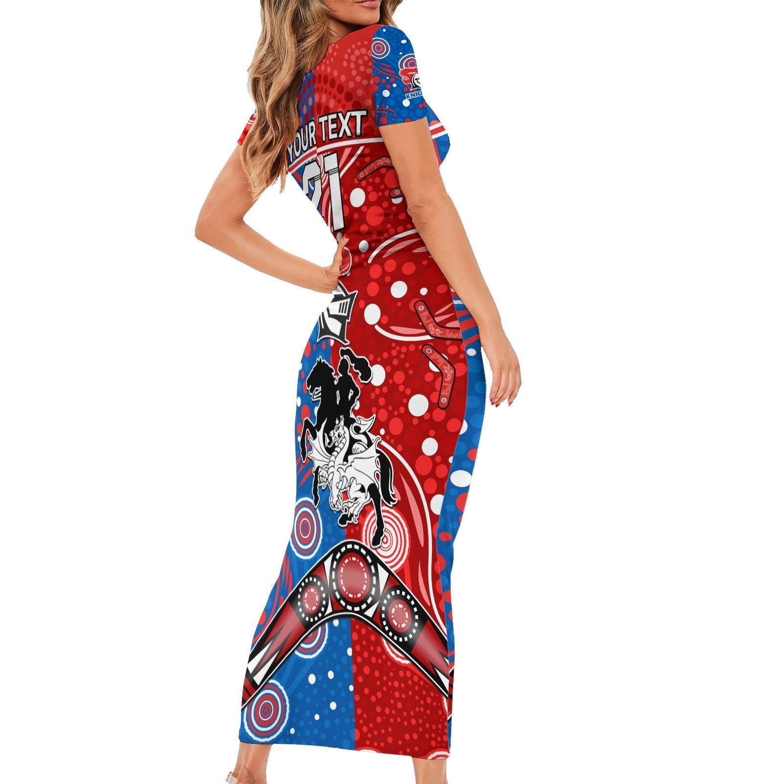 NRL Knights and Dragons Together Short Sleeve Bodycon Dress Boomerang Indigenous Dots