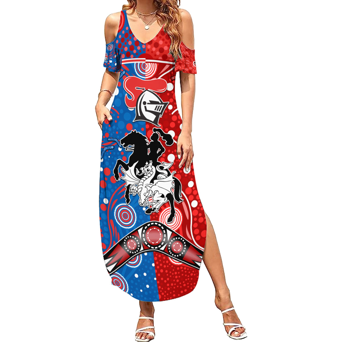 NRL Knights and Dragons Together Summer Maxi Dress Boomerang Indigenous Dots