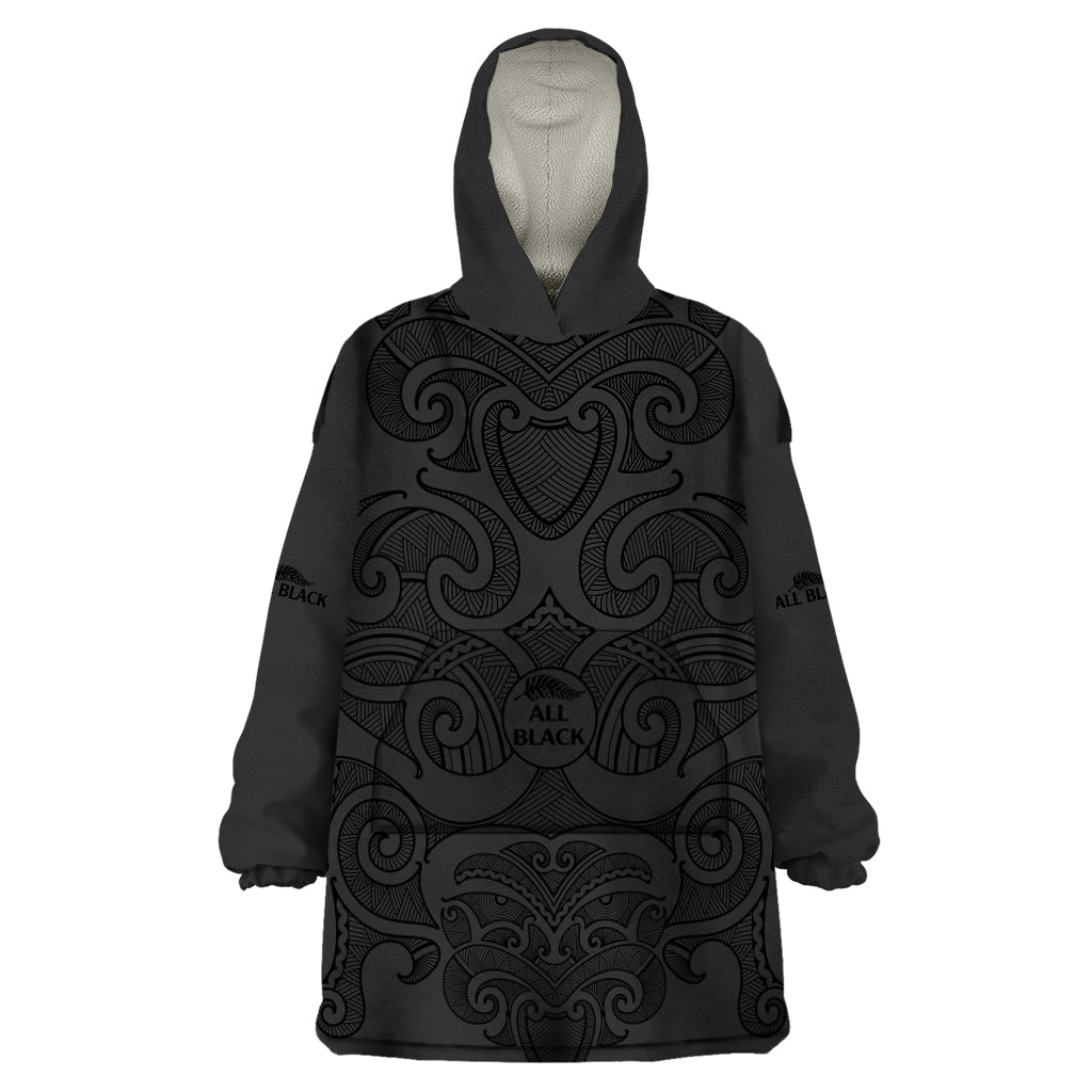 New Zealand Rugby Wearable Blanket Hoodie All Black Fern with Maori Tribal Pattern - Vibe Hoodie Shop