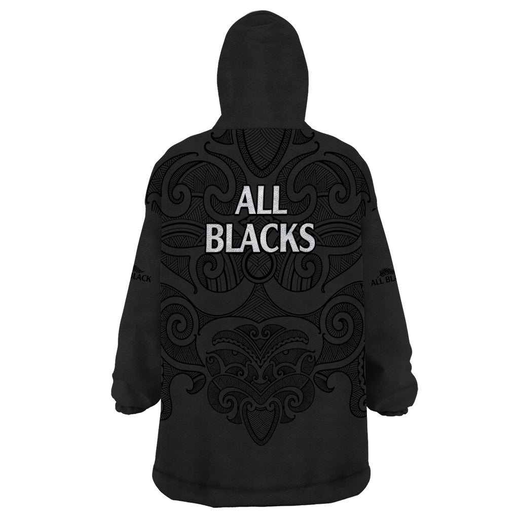 New Zealand Rugby Wearable Blanket Hoodie All Black Fern with Maori Tribal Pattern - Vibe Hoodie Shop