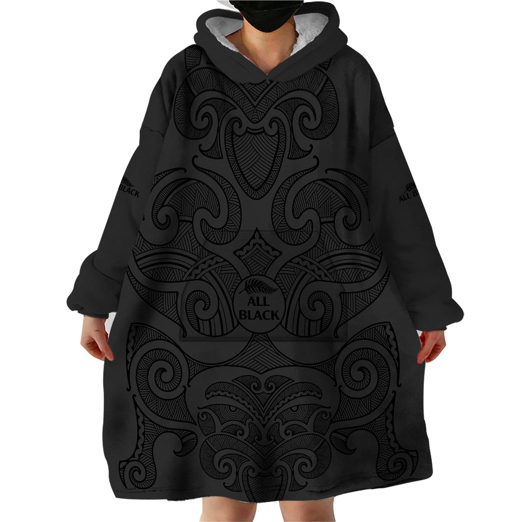 New Zealand Rugby Wearable Blanket Hoodie All Black Fern with Maori Tribal Pattern - Vibe Hoodie Shop