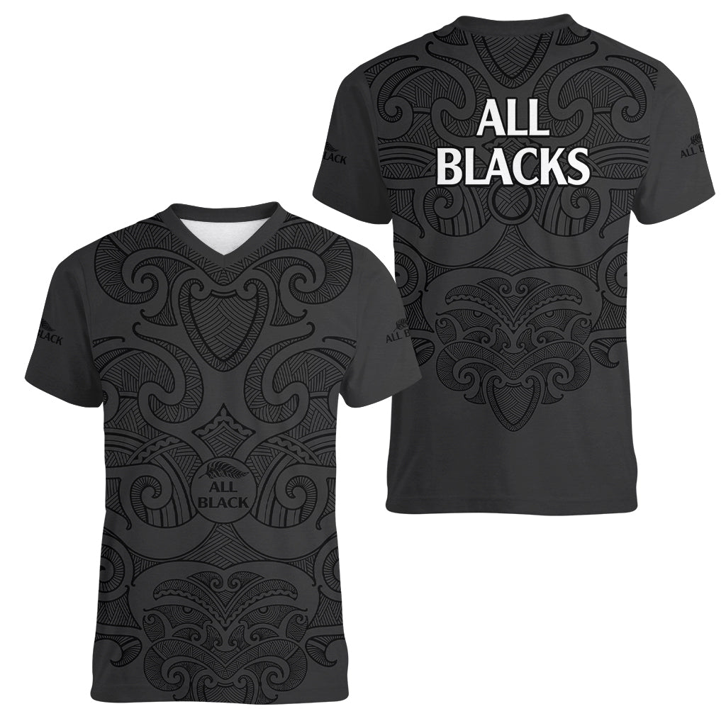 New Zealand Rugby Women V Neck T Shirt All Black Fern with Maori Tribal Pattern - Vibe Hoodie Shop