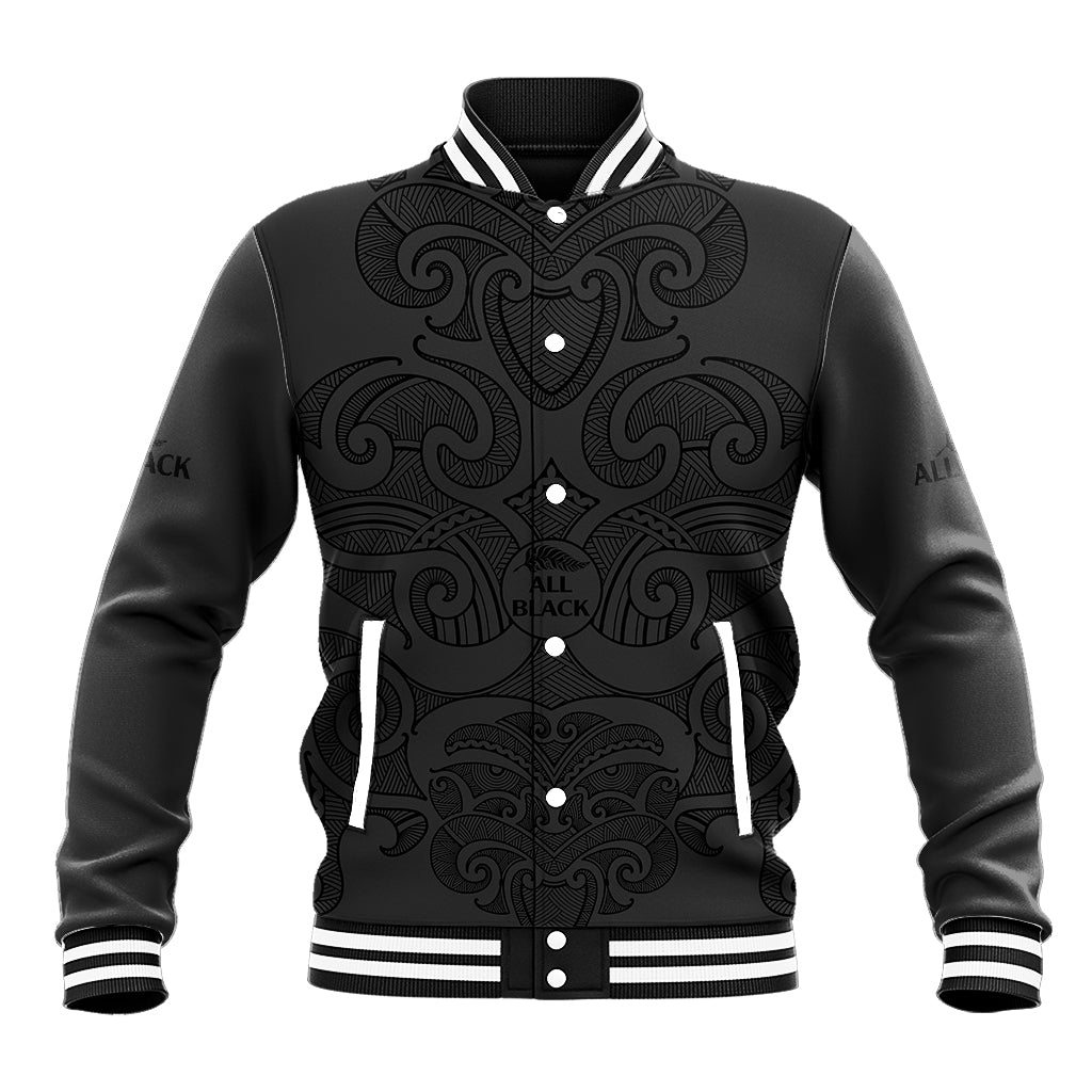 (Custom Text And Number) New Zealand Rugby Baseball Jacket All Black Fern with Maori Tribal Pattern - Vibe Hoodie Shop