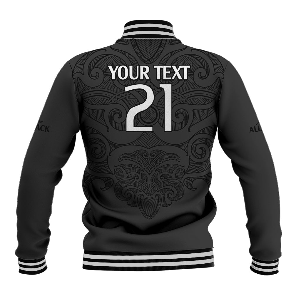 (Custom Text And Number) New Zealand Rugby Baseball Jacket All Black Fern with Maori Tribal Pattern - Vibe Hoodie Shop