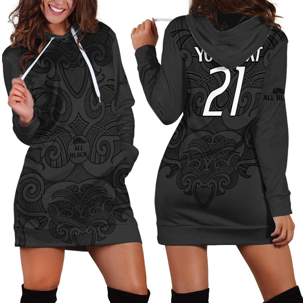 (Custom Text And Number) New Zealand Rugby Hoodie Dress All Black Fern with Maori Tribal Pattern - Vibe Hoodie Shop