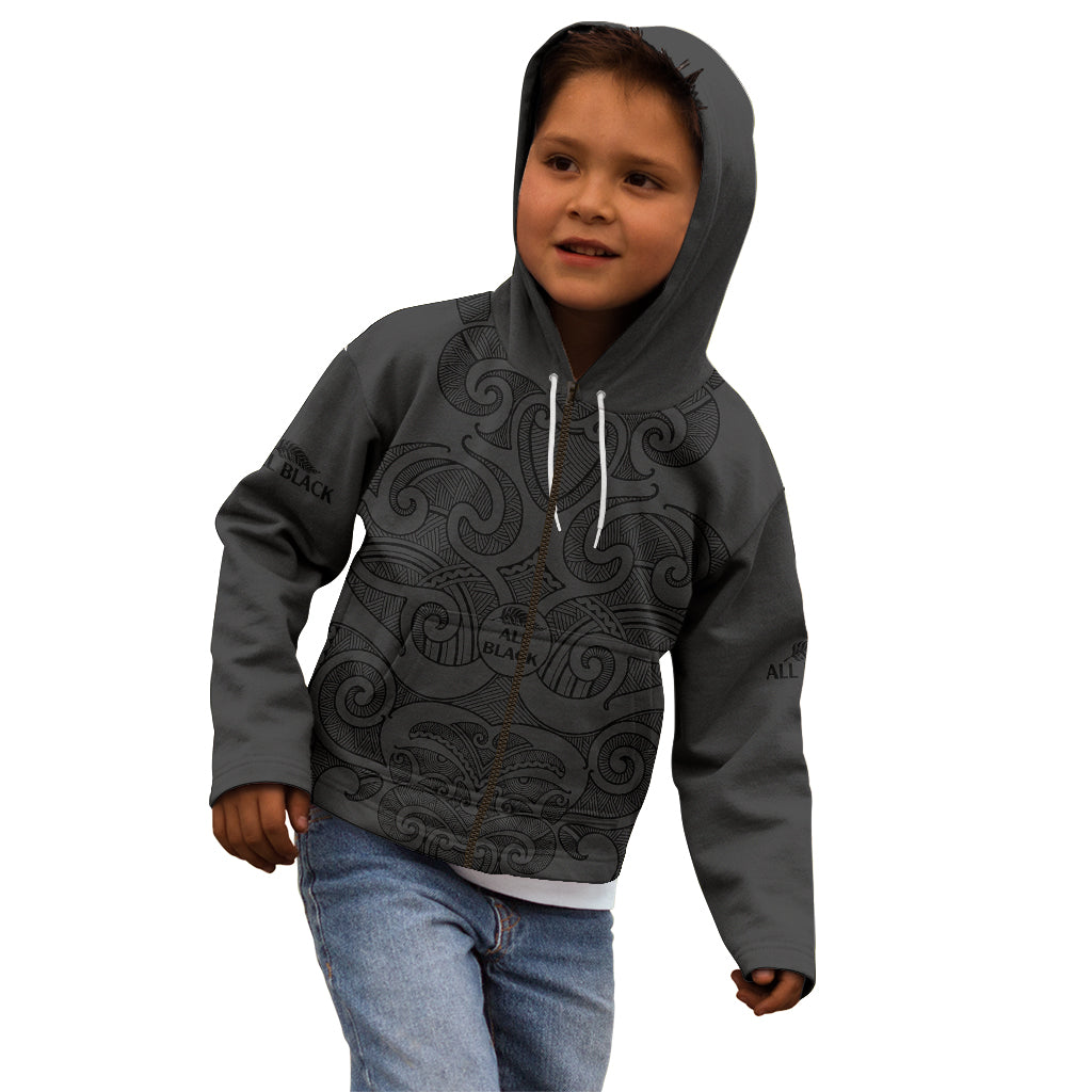 (Custom Text And Number) New Zealand Rugby Kid Hoodie All Black Fern with Maori Tribal Pattern - Vibe Hoodie Shop