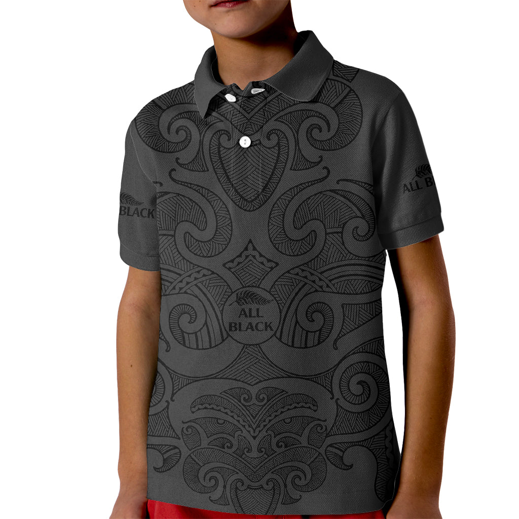 (Custom Text And Number) New Zealand Rugby Kid Polo Shirt All Black Fern with Maori Tribal Pattern - Vibe Hoodie Shop