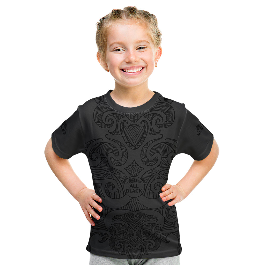 (Custom Text And Number) New Zealand Rugby Kid T Shirt All Black Fern with Maori Tribal Pattern - Vibe Hoodie Shop