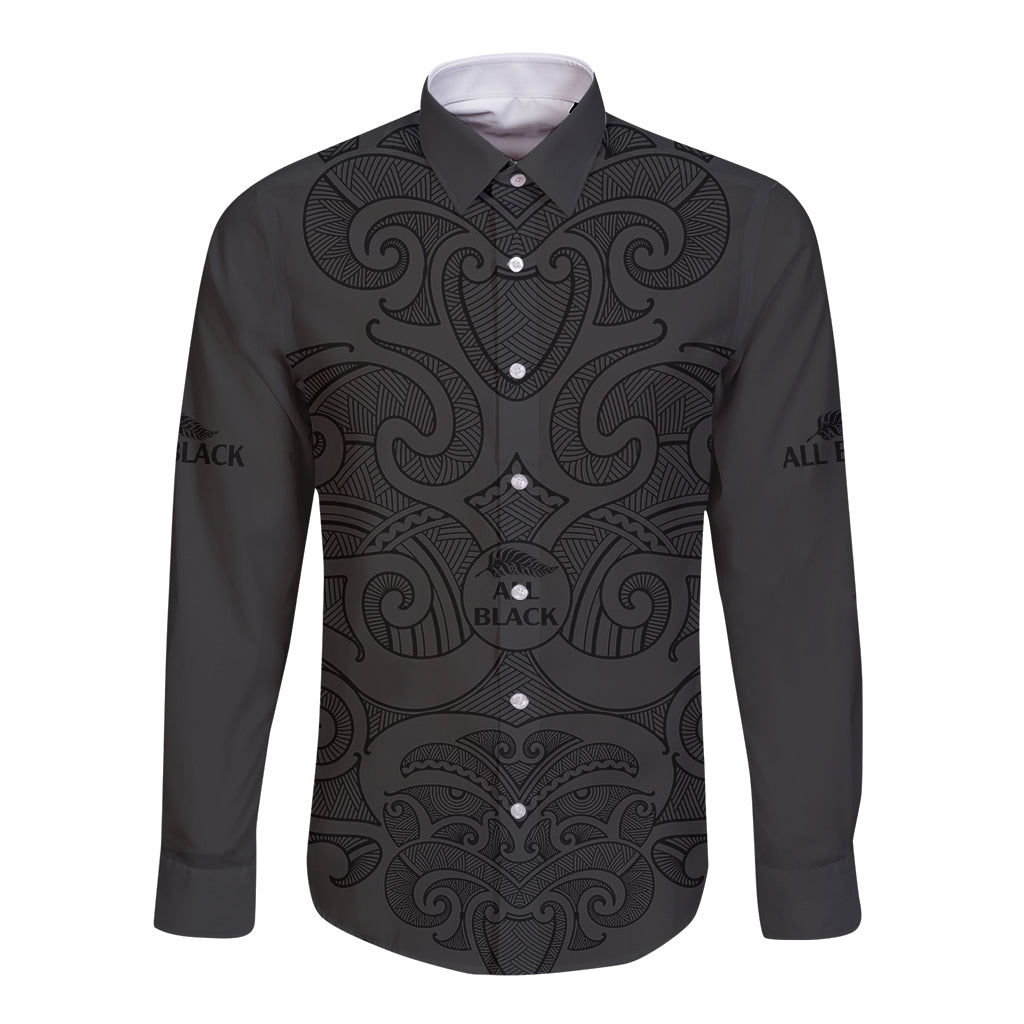 (Custom Text And Number) New Zealand Rugby Long Sleeve Button Shirt All Black Fern with Maori Tribal Pattern - Vibe Hoodie Shop