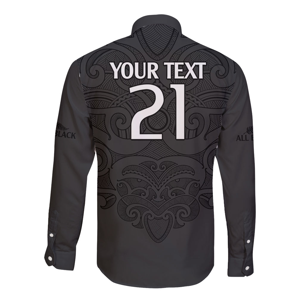 (Custom Text And Number) New Zealand Rugby Long Sleeve Button Shirt All Black Fern with Maori Tribal Pattern - Vibe Hoodie Shop