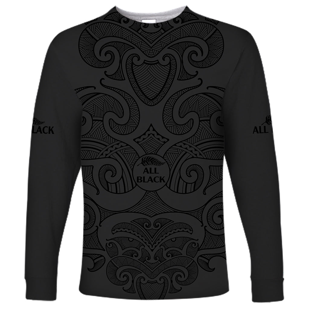 (Custom Text And Number) New Zealand Rugby Long Sleeve Shirt All Black Fern with Maori Tribal Pattern - Vibe Hoodie Shop