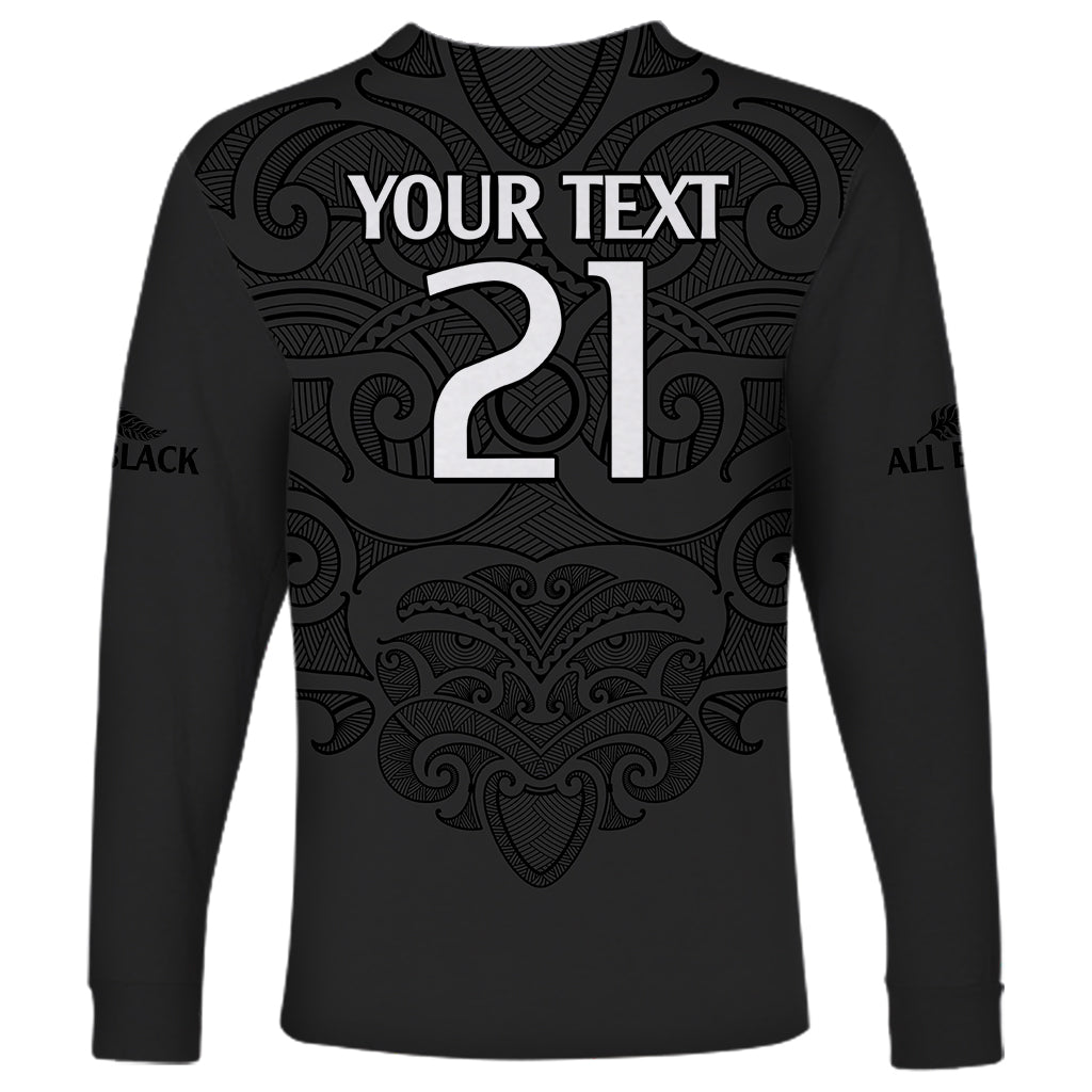 (Custom Text And Number) New Zealand Rugby Long Sleeve Shirt All Black Fern with Maori Tribal Pattern - Vibe Hoodie Shop