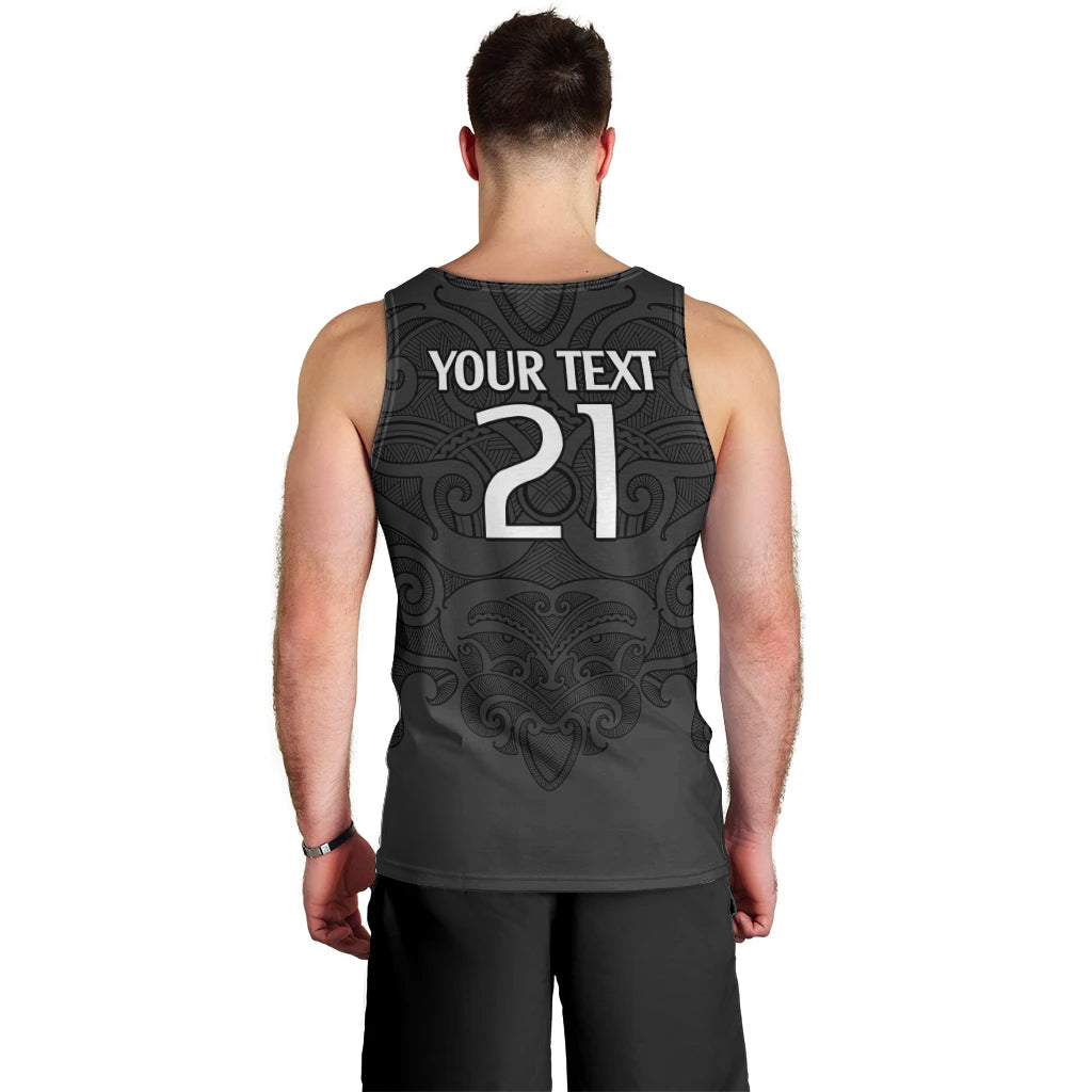 (Custom Text And Number) New Zealand Rugby Men Tank Top All Black Fern with Maori Tribal Pattern - Vibe Hoodie Shop