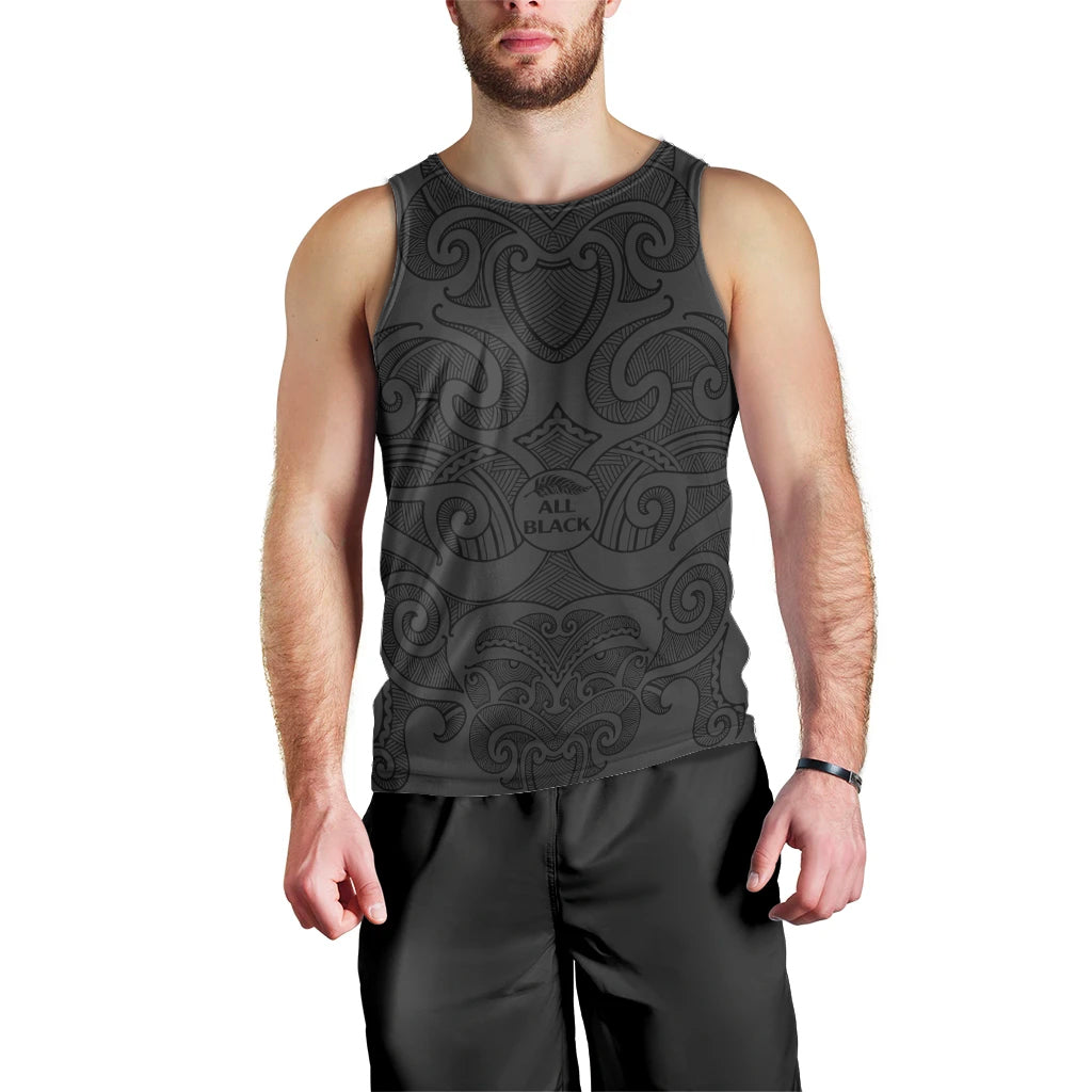 (Custom Text And Number) New Zealand Rugby Men Tank Top All Black Fern with Maori Tribal Pattern - Vibe Hoodie Shop