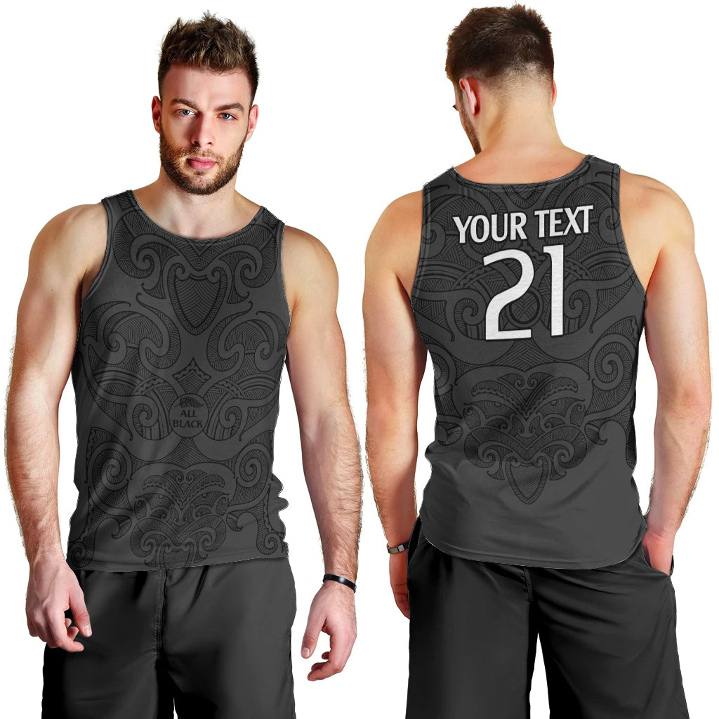 (Custom Text And Number) New Zealand Rugby Men Tank Top All Black Fern with Maori Tribal Pattern - Vibe Hoodie Shop