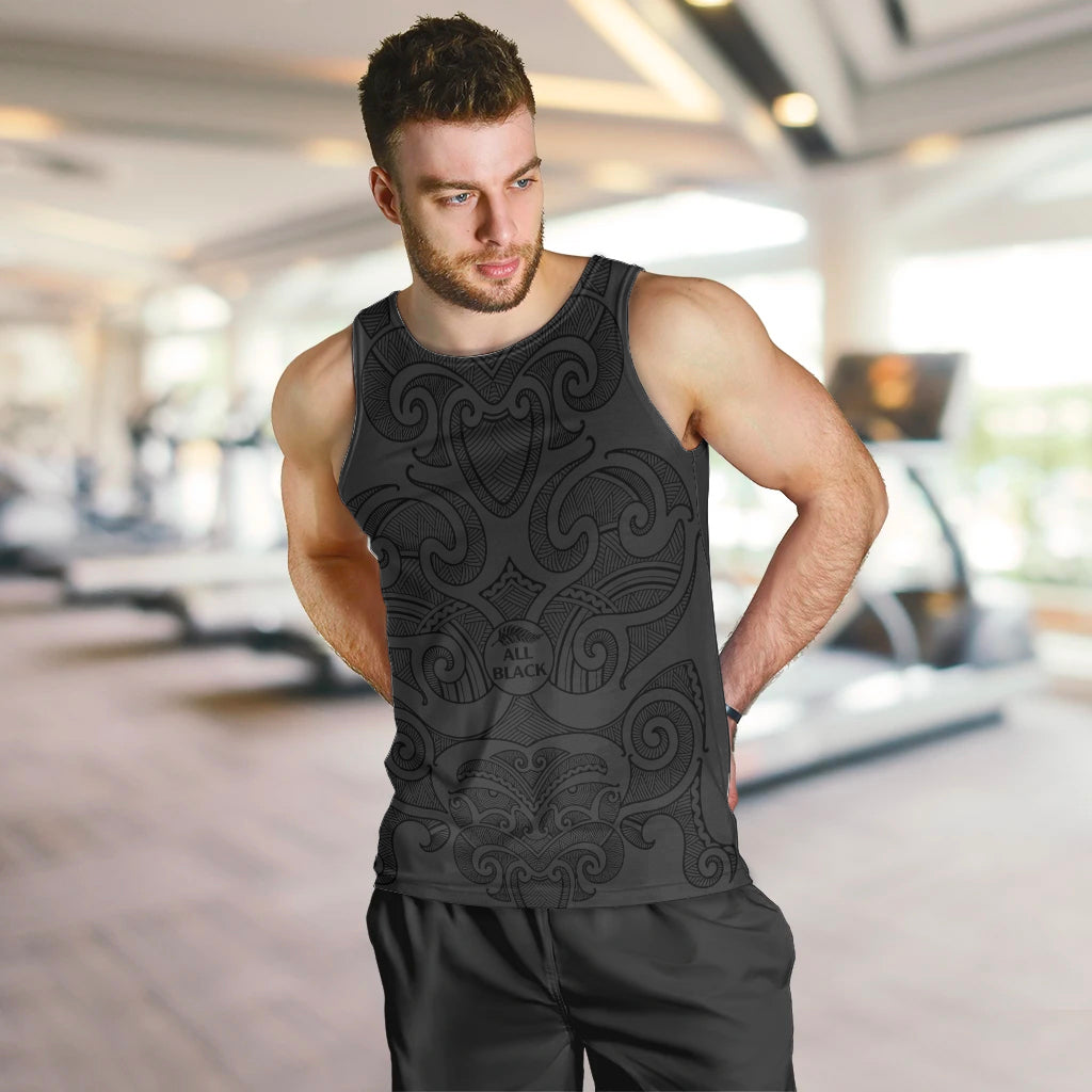 (Custom Text And Number) New Zealand Rugby Men Tank Top All Black Fern with Maori Tribal Pattern - Vibe Hoodie Shop