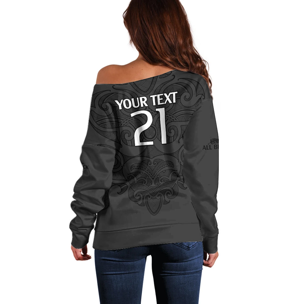 (Custom Text And Number) New Zealand Rugby Off Shoulder Sweater All Black Fern with Maori Tribal Pattern - Vibe Hoodie Shop