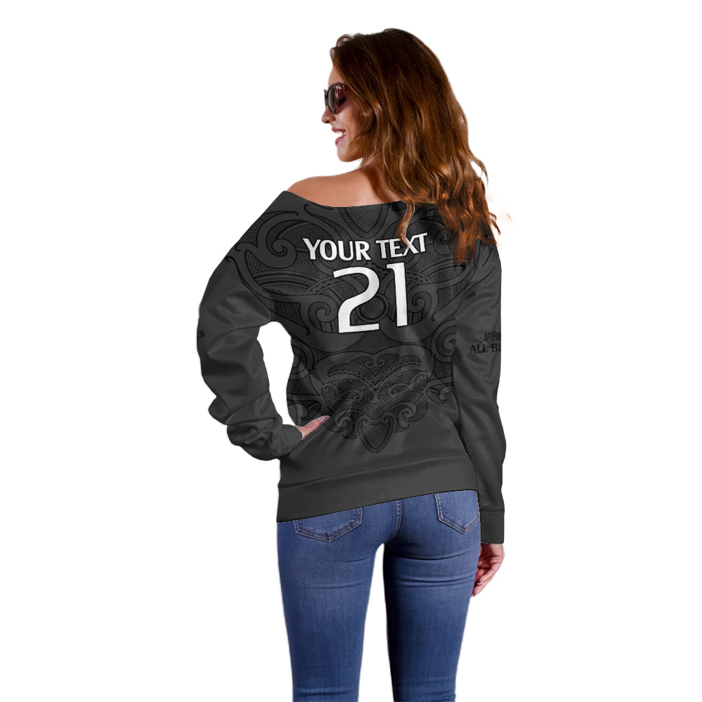 (Custom Text And Number) New Zealand Rugby Off Shoulder Sweater All Black Fern with Maori Tribal Pattern - Vibe Hoodie Shop