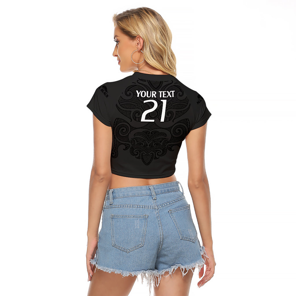 (Custom Text And Number) New Zealand Rugby Raglan Cropped T Shirt All Black Fern with Maori Tribal Pattern - Vibe Hoodie Shop