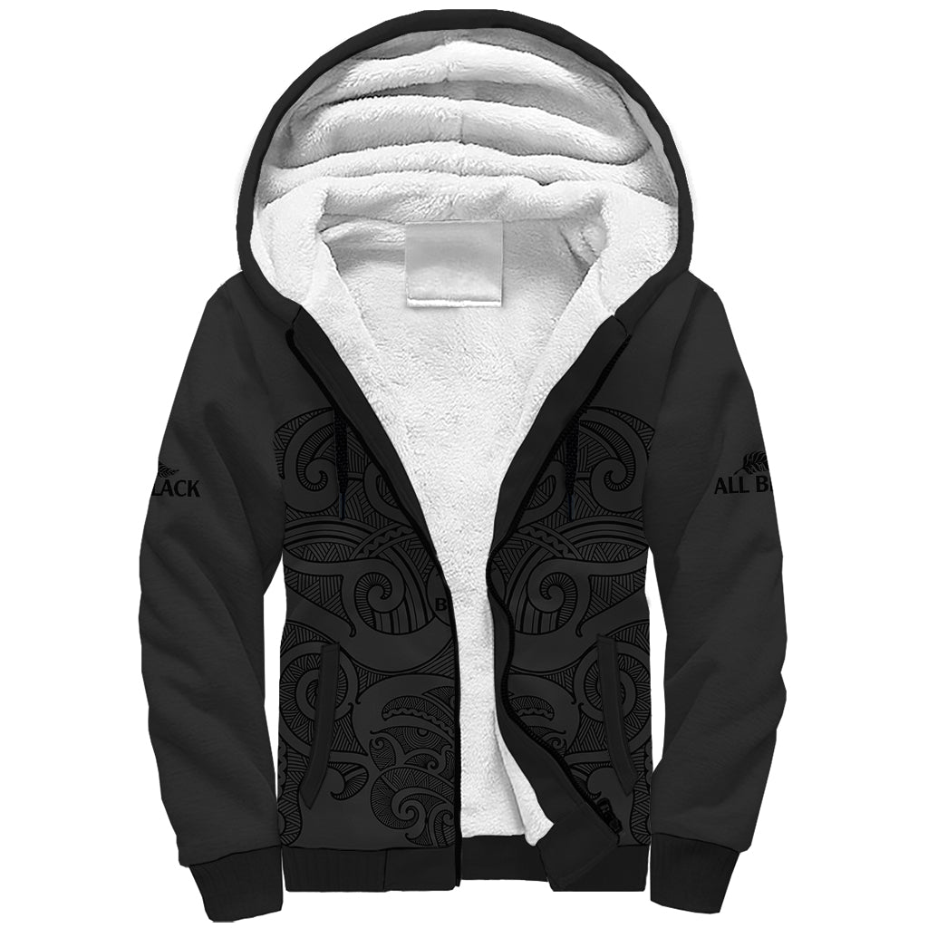 (Custom Text And Number) New Zealand Rugby Sherpa Hoodie All Black Fern with Maori Tribal Pattern - Vibe Hoodie Shop