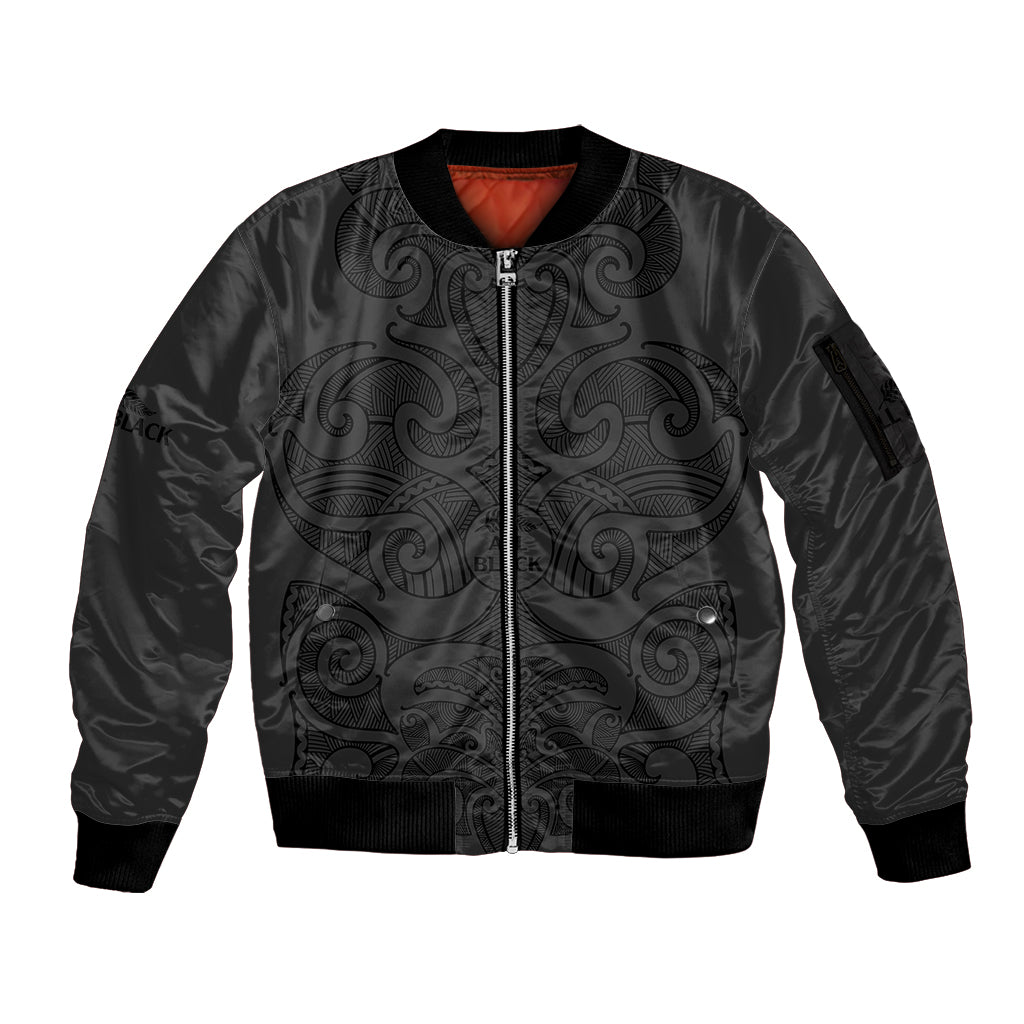 custom-text-and-number-new-zealand-rugby-sleeve-zip-bomber-jacket-all-black-fern-with-maori-tribal-pattern