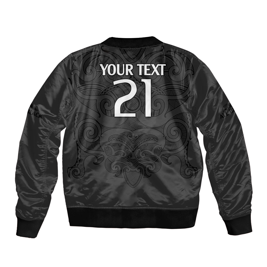 custom-text-and-number-new-zealand-rugby-sleeve-zip-bomber-jacket-all-black-fern-with-maori-tribal-pattern