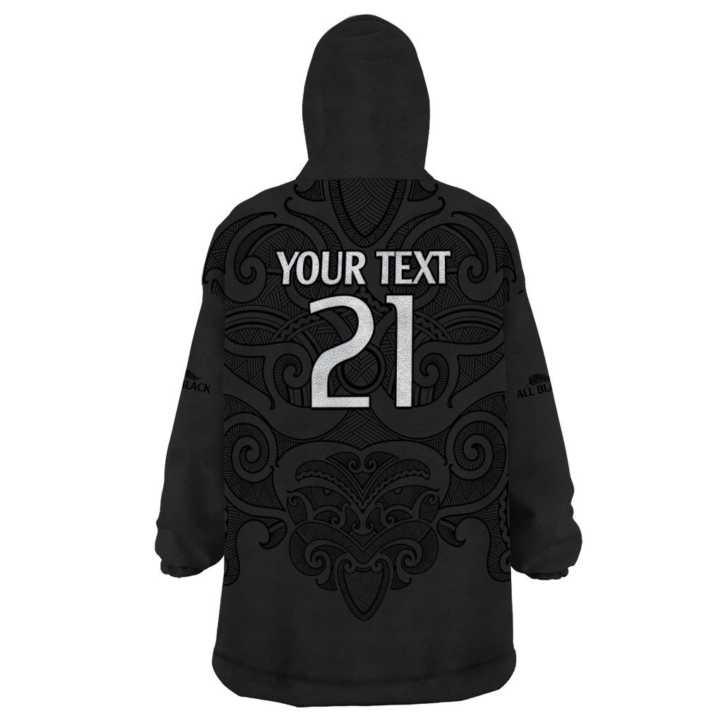 (Custom Text And Number) New Zealand Rugby Wearable Blanket Hoodie All Black Fern with Maori Tribal Pattern - Vibe Hoodie Shop