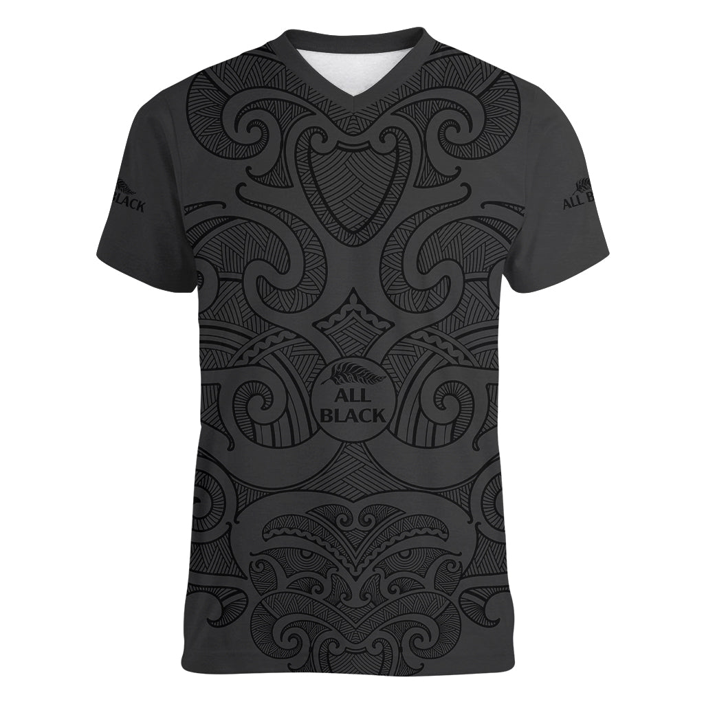 (Custom Text And Number) New Zealand Rugby Women V Neck T Shirt All Black Fern with Maori Tribal Pattern - Vibe Hoodie Shop