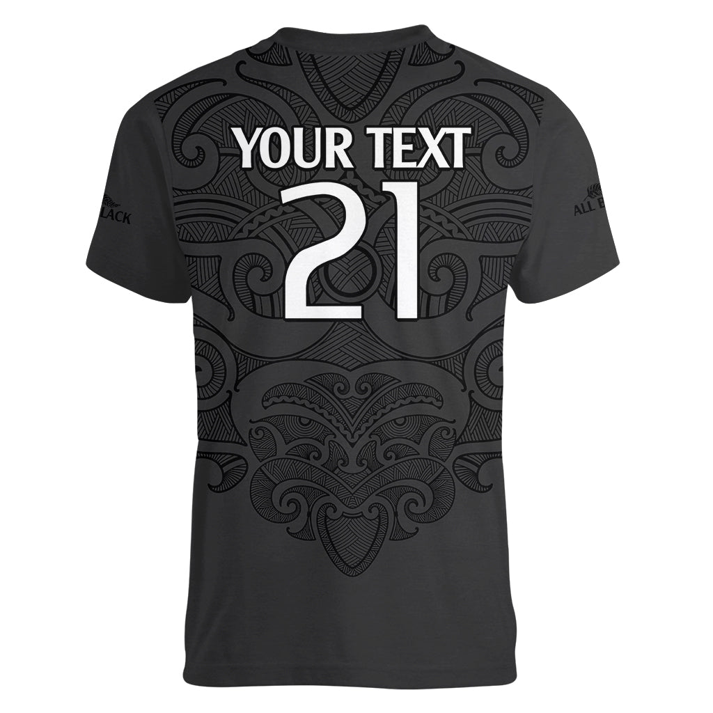 (Custom Text And Number) New Zealand Rugby Women V Neck T Shirt All Black Fern with Maori Tribal Pattern - Vibe Hoodie Shop