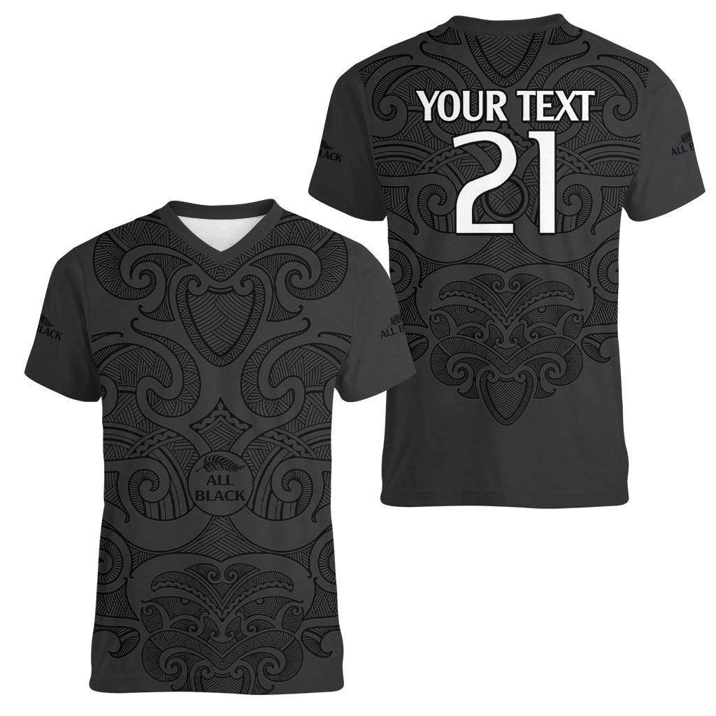 (Custom Text And Number) New Zealand Rugby Women V Neck T Shirt All Black Fern with Maori Tribal Pattern - Vibe Hoodie Shop