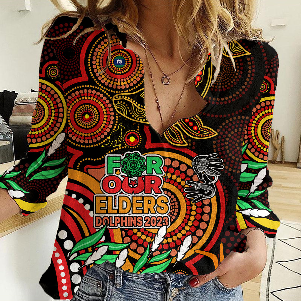 Dolphins Rugby Aboriginal Art Women Casual Shirt NAIDOC Indigenous Tribal - Vibe Hoodie Shop