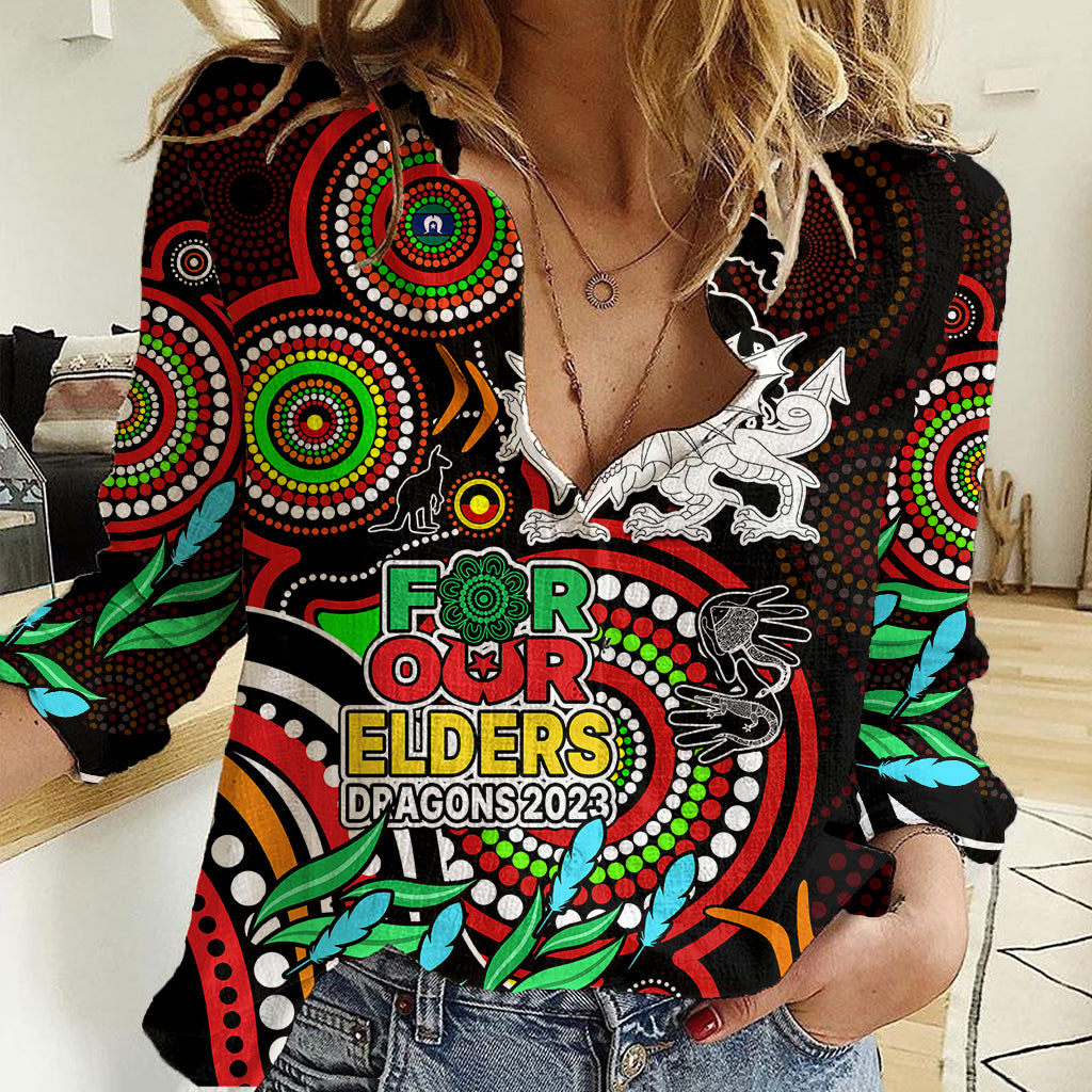 Custom Dragons Rugby Aboriginal Art Women Casual Shirt NAIDOC Indigenous Tribal - Vibe Hoodie Shop